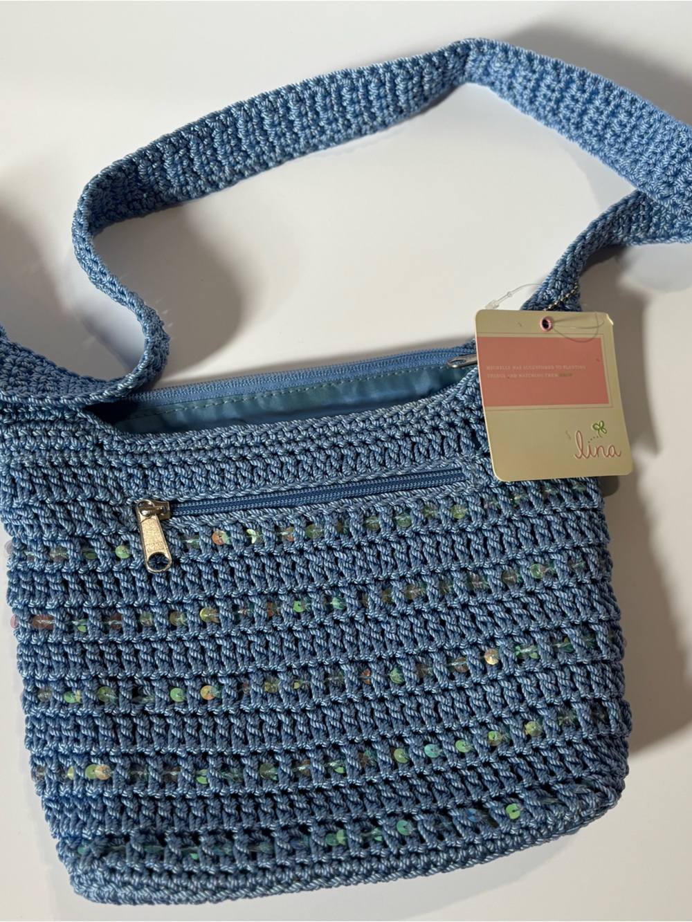 Lina Sky Blue Handwoven Crochet Crossbody Bag with Sequin Detail